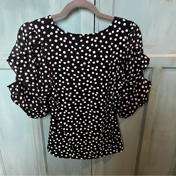 Perseption Concept Women's Navy White Polka Dot Blouse Puff Chiffon Sleeves - Sm - Picture 9 of 9
